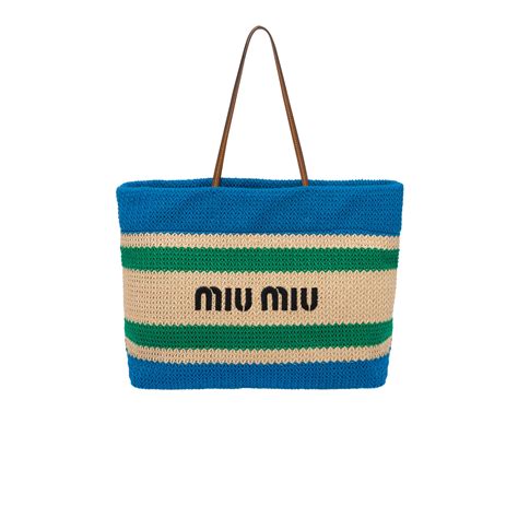 miu miu raffia and cotton tote bag|Beige/Light Blue Raffia and cotton tote bag .